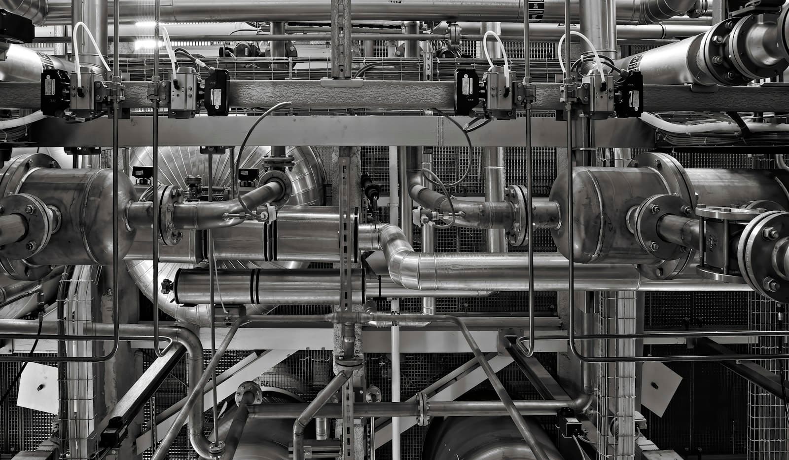 Dense network of industrial pipework, valves and instrumentation